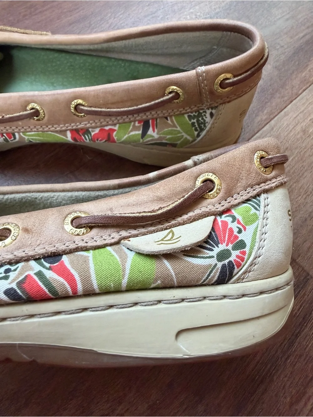 Sperry Tan Leather Boat Shoes with Floral Side Panel